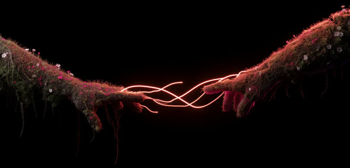 Two plant-covered hands connected by glowing light trails
